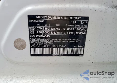 2018 Mercedes-Benz Gla 250 from USA, damaged, VIN WDCTG4EB0JJ480542